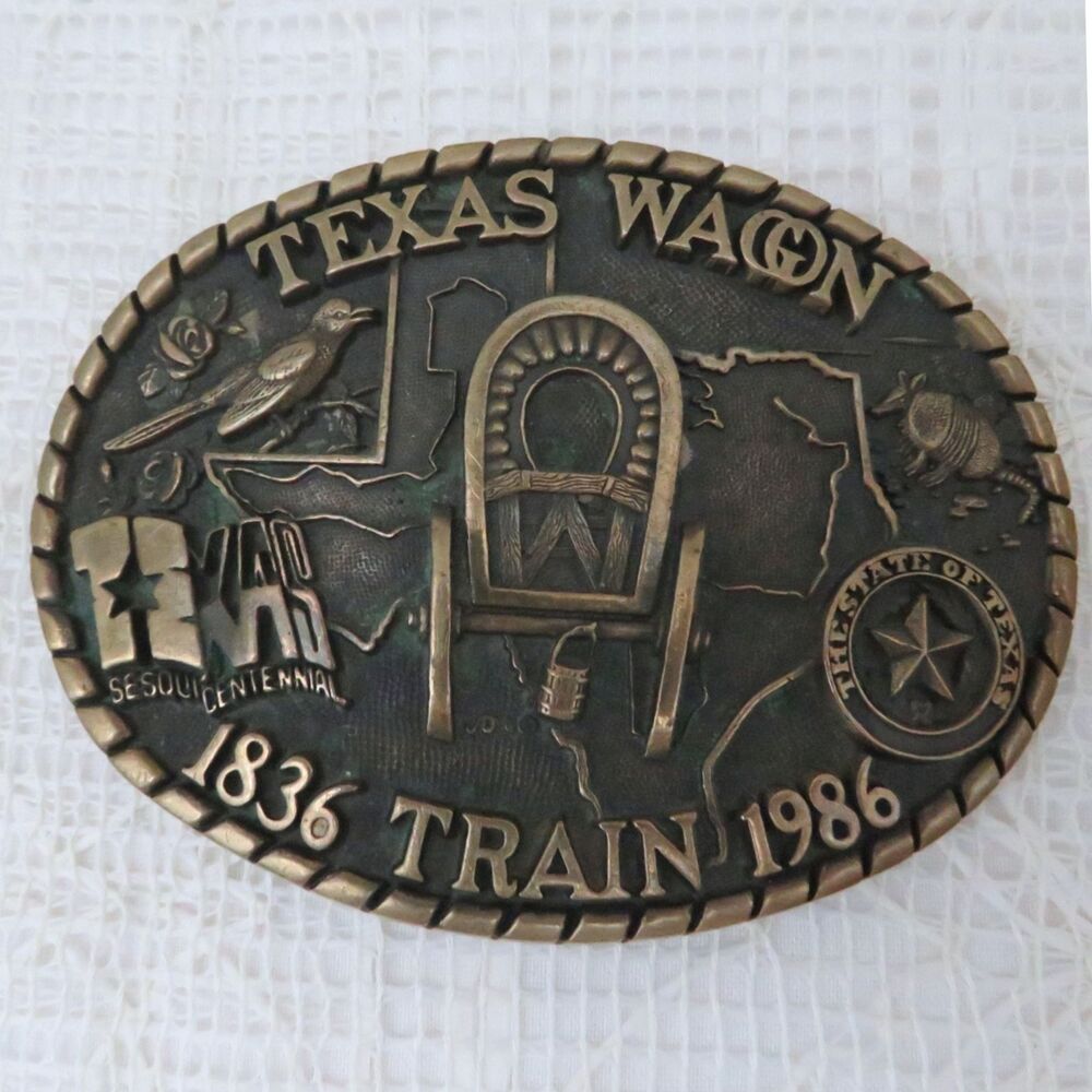 Texas Sesquicentennial Vintage Wagon Train Belt Buckle Brass 1836-1885